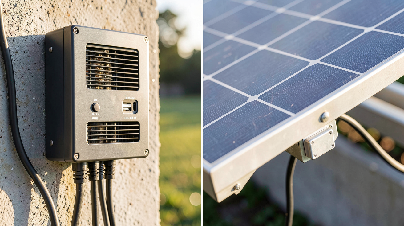 meilleur onduleur solaire 2021 comparant un onduleur string et un micro-onduleur installés en extérieur