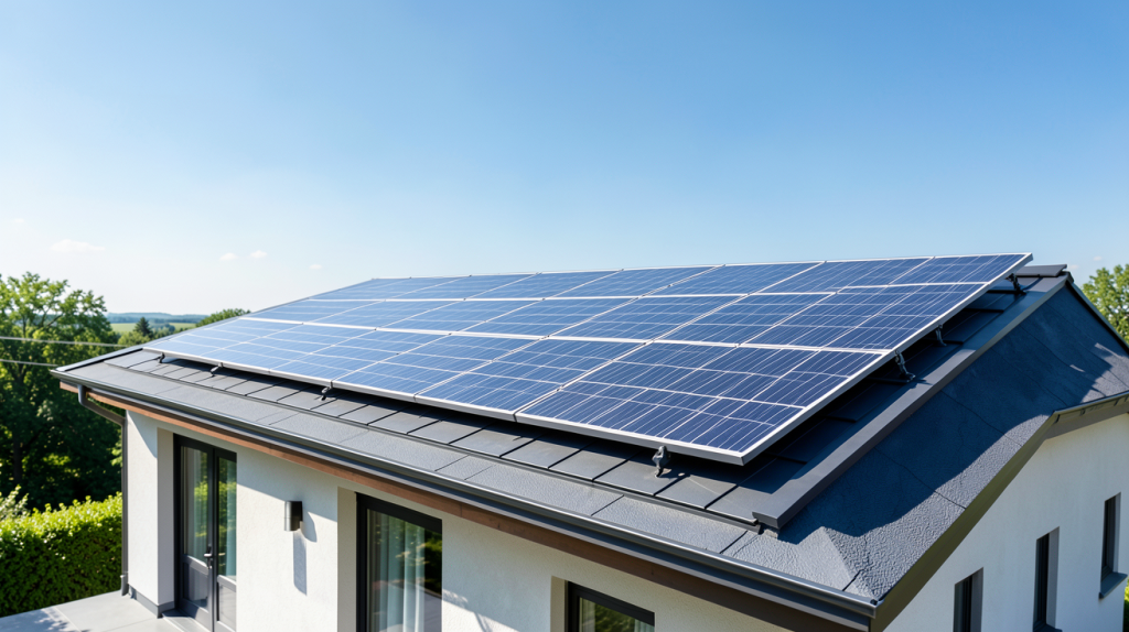 meilleur panneau photovoltaïque 2021 installé sur le toit d'une maison moderne en été