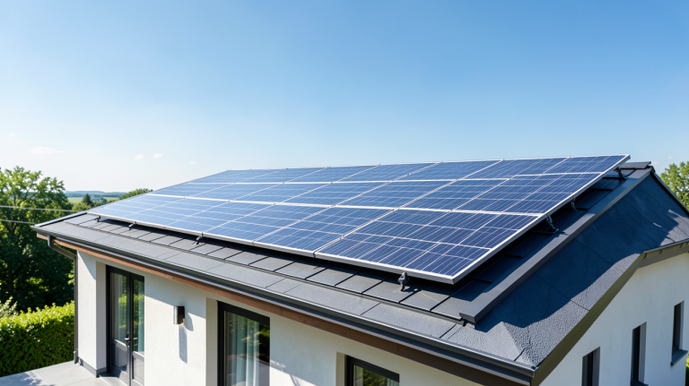 meilleur panneau photovoltaïque 2021 installé sur le toit d'une maison moderne en été