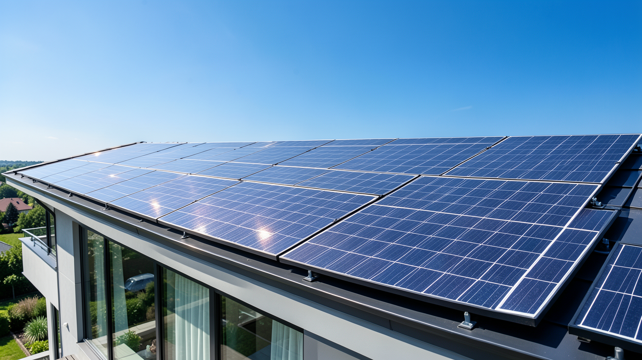 meilleur panneau photovoltaique 2022 installé sur un toit de maison moderne sous un soleil radieux