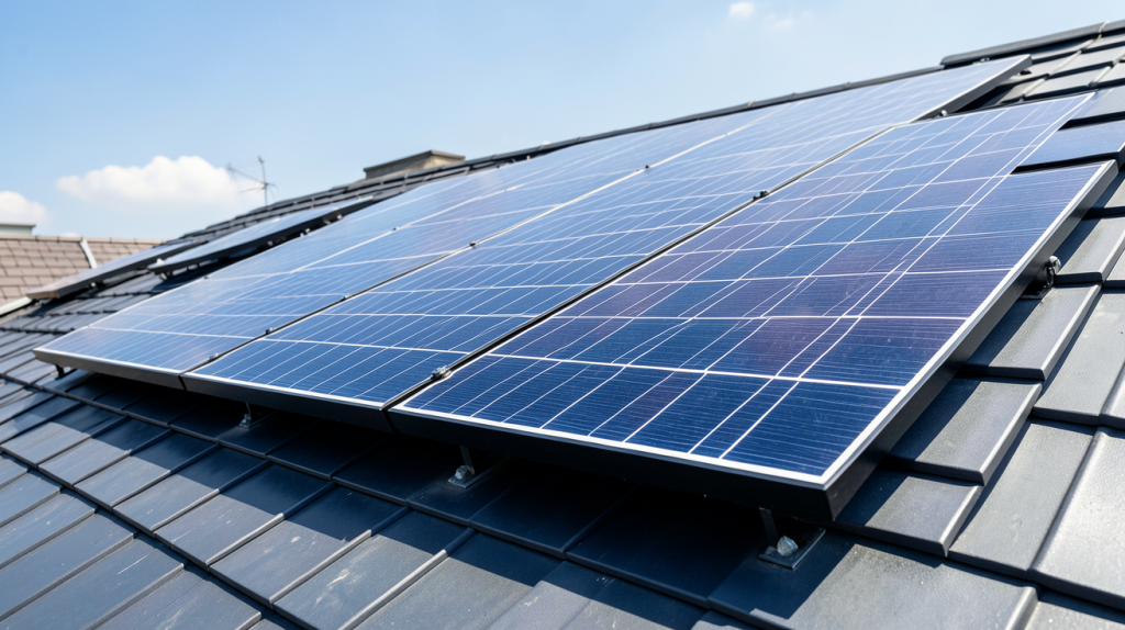 meilleur panneau photovoltaïque 2022 installé sur un toit résidentiel avec ciel dégagé, montrant le rendement élevé du module en plein soleil