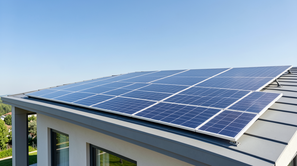 meilleur panneau photovoltaïque installé sur le toit d'une maison moderne, capturé en plein jour avec lumière naturelle.