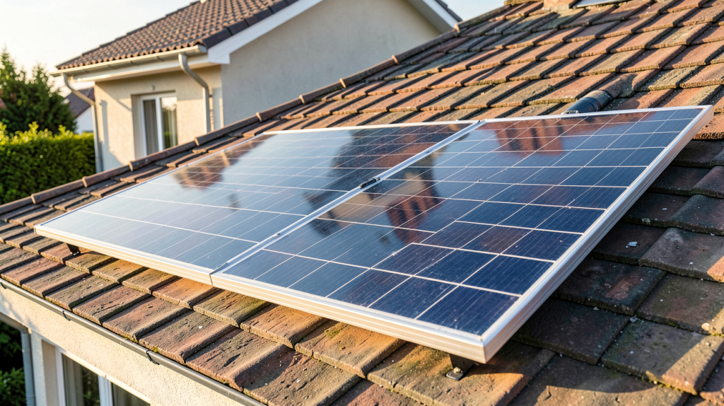 meilleur panneau solaire 2022 montre un panneau photovoltaïque moderne installé sur un toit en tuiles, capturé en haute résolution.