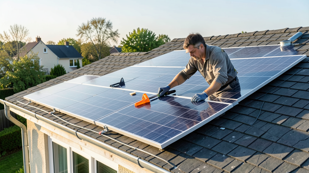 meilleur panneau solaire autoconsommation : technicien installant des panneaux solaires sur un toit de maison pour une autoconsommation optimale