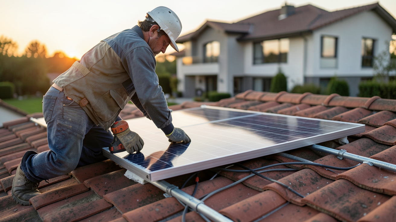 meilleur panneau solaire monocristallin en cours d'installation sur un toit en tuiles rouges par un professionnel