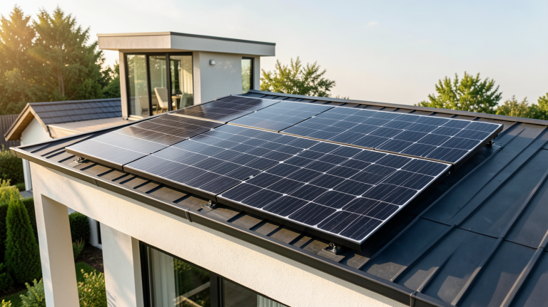 meilleur panneau solaire monocristallin noir installé sur le toit d'une maison contemporaine