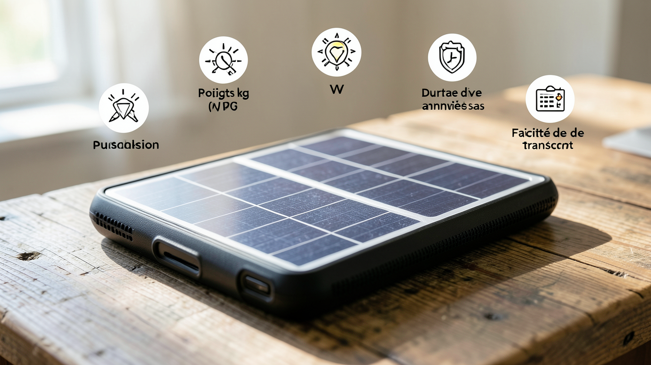 meilleur panneau solaire portable montrant les critères de sélection essentiels avec icônes de puissance, poids, durée de vie et facilité de transport