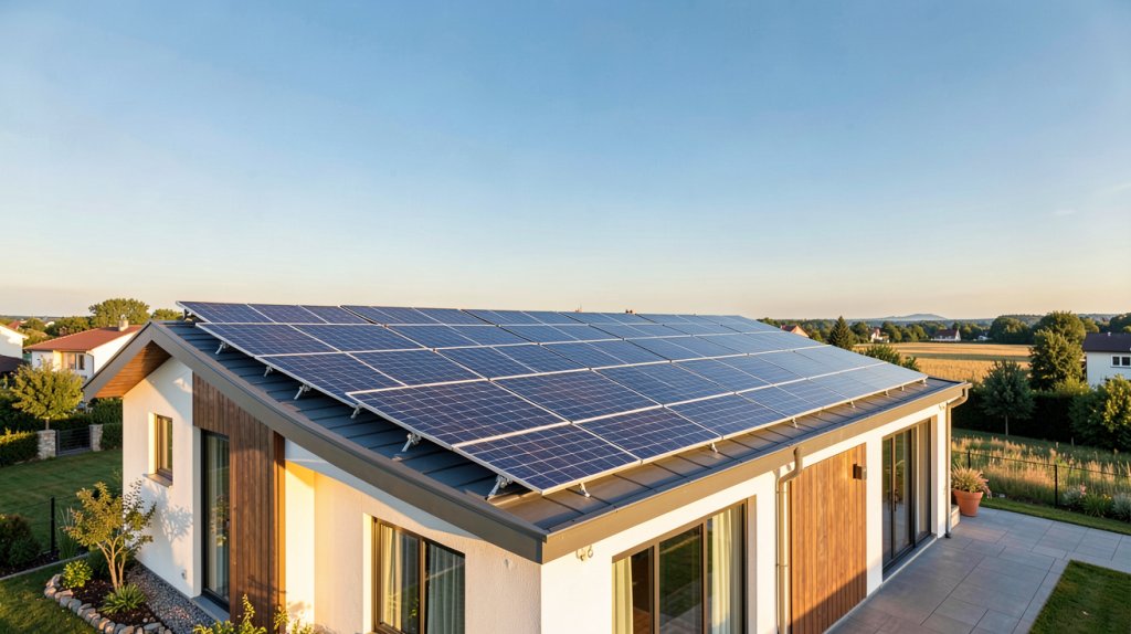 meilleur panneaux photovoltaique installés sur le toit d'une maison moderne en été