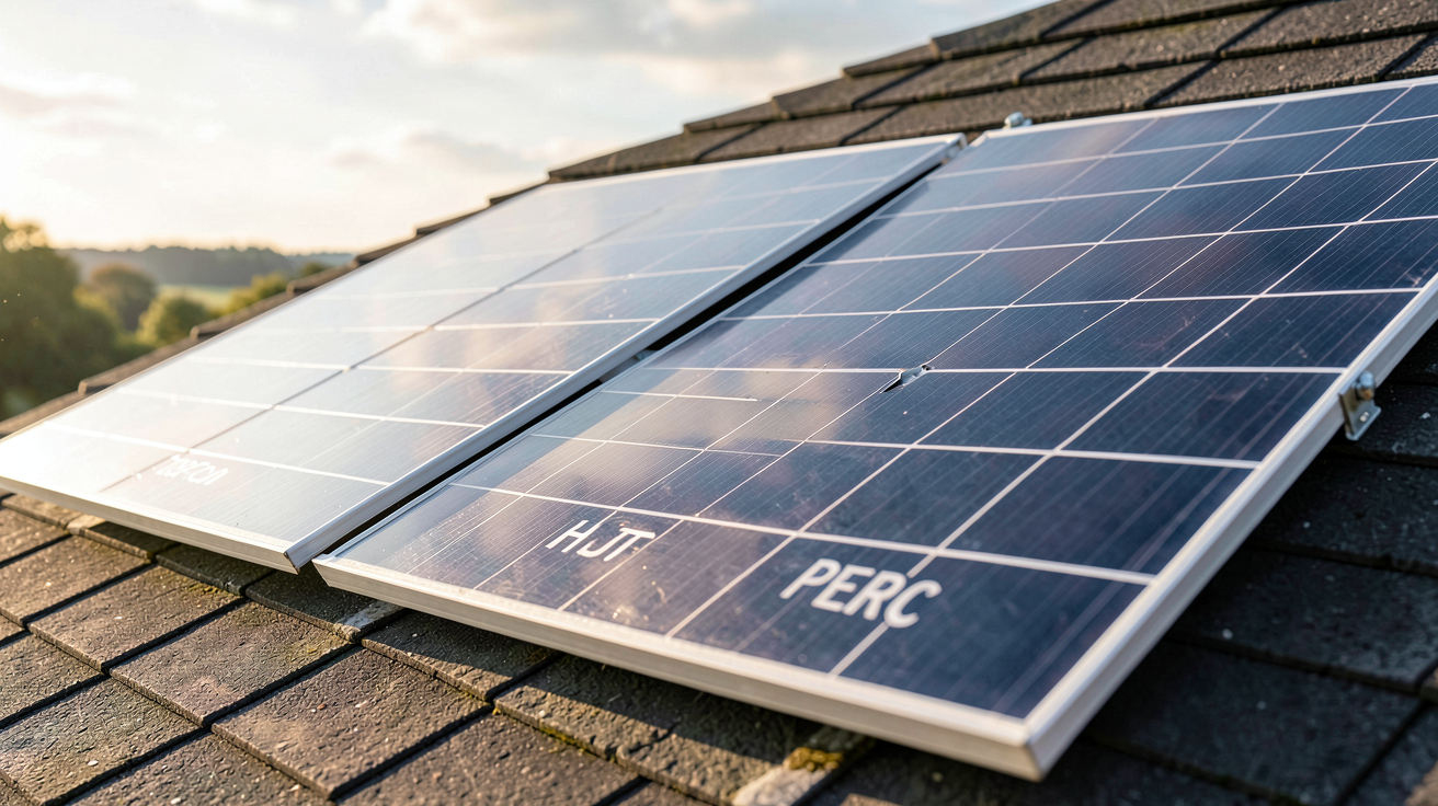 meilleur panneaux photovoltaique comparant les technologies TOPCon, HJT et PERC posés sur un toit