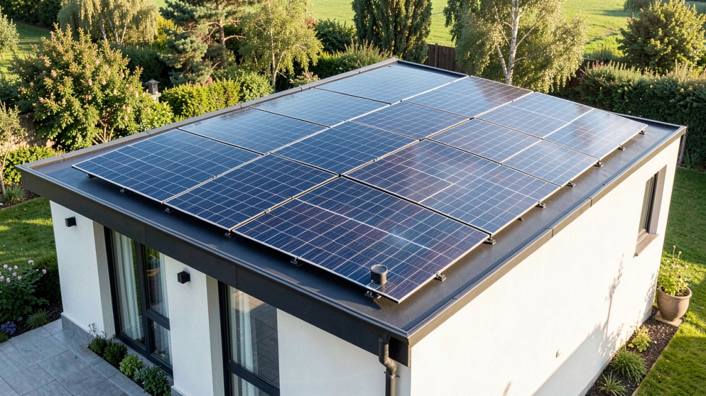 meilleur panneaux solaires 2022 installés sur le toit d'une maison écologique moderne