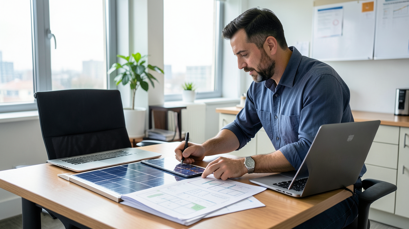 meilleur prix panneau solaire : installateur professionnel calculant le coût total d'une installation solaire sur une table avec des plans et un ordinateur portable