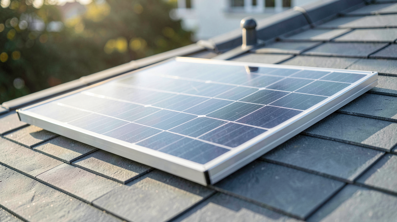 meilleures marques panneaux photovoltaiques : panneau solaire haut de gamme installé sur un toit moderne en tuiles grises