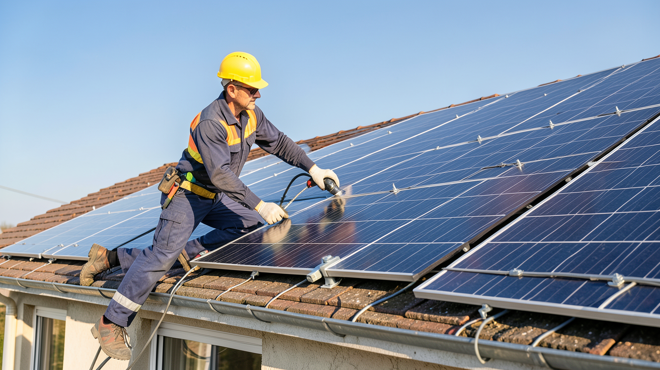 meilleurs installateurs de panneaux photovoltaïques en France en 2026 installant un système sur un toit résidentiel