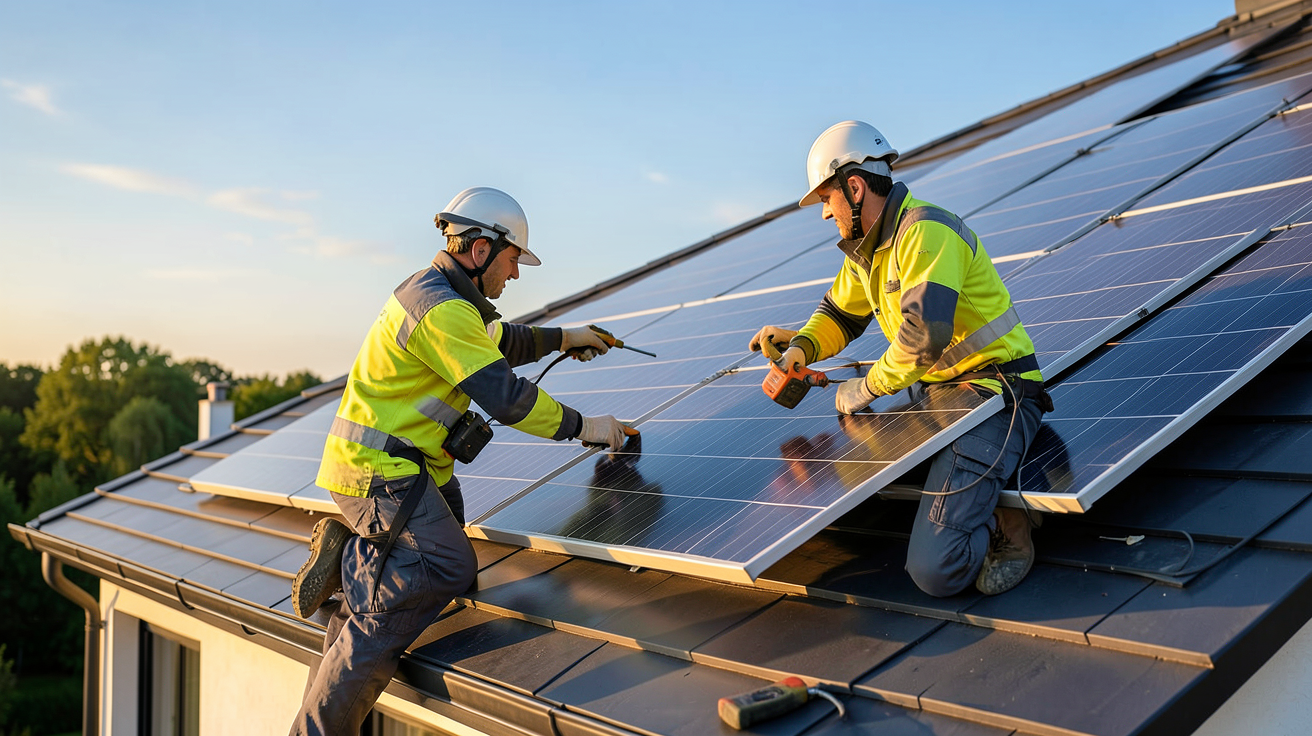 meilleurs installateurs de panneaux photovoltaïques en train de travailler sur un toit en France