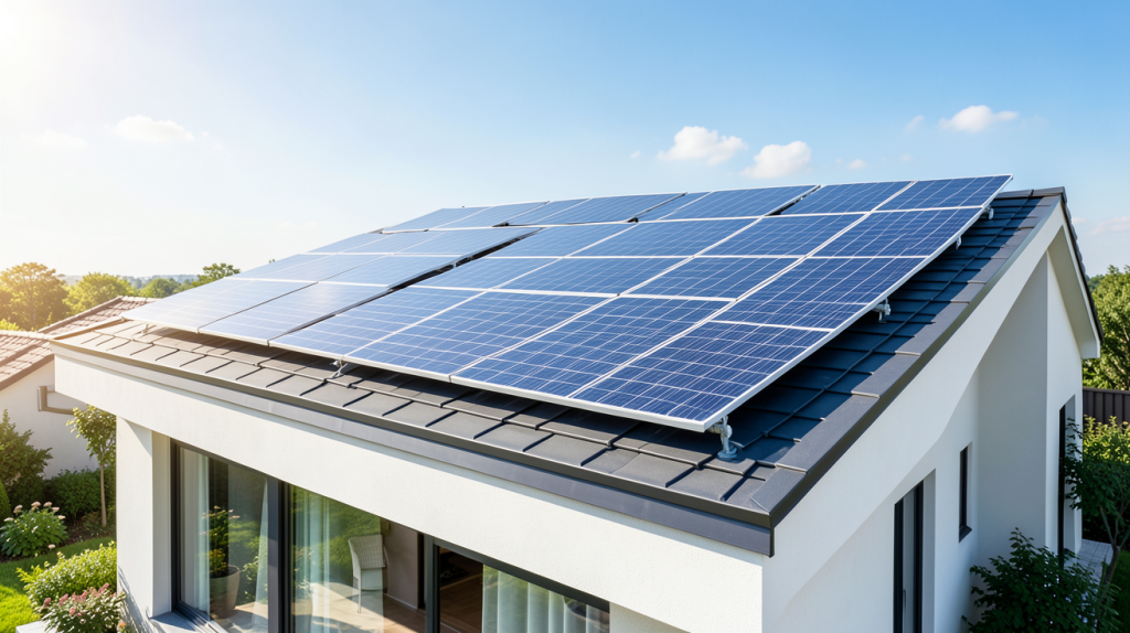meilleurs panneaux photovoltaïques 2022 installés sur le toit d'une maison moderne sous un ciel bleu