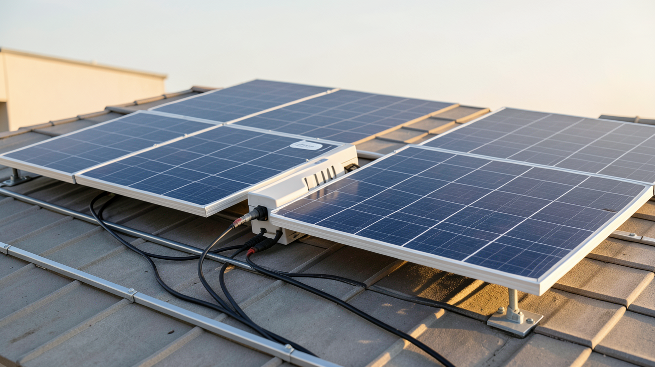 micro onduleur 2 panneaux installé sur une toiture avec deux panneaux solaires connectés