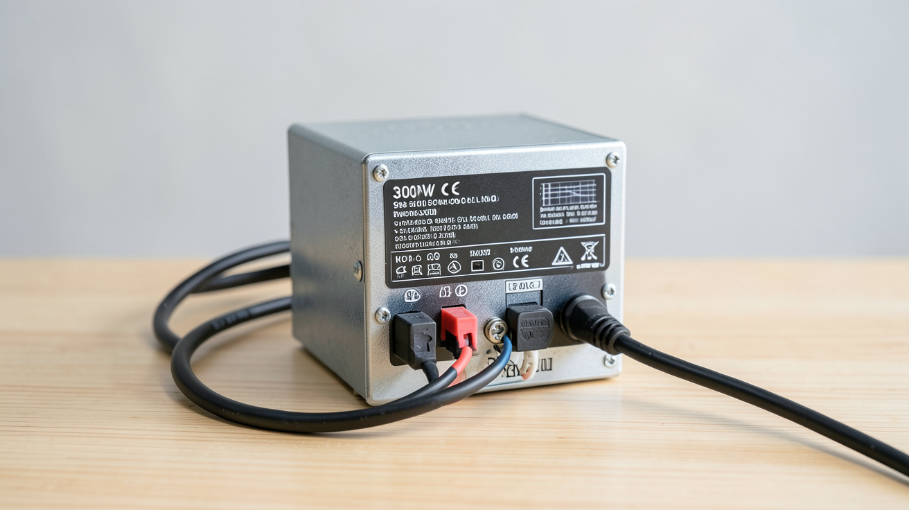 micro onduleur 300W posé sur une surface en bois avec câbles connectés