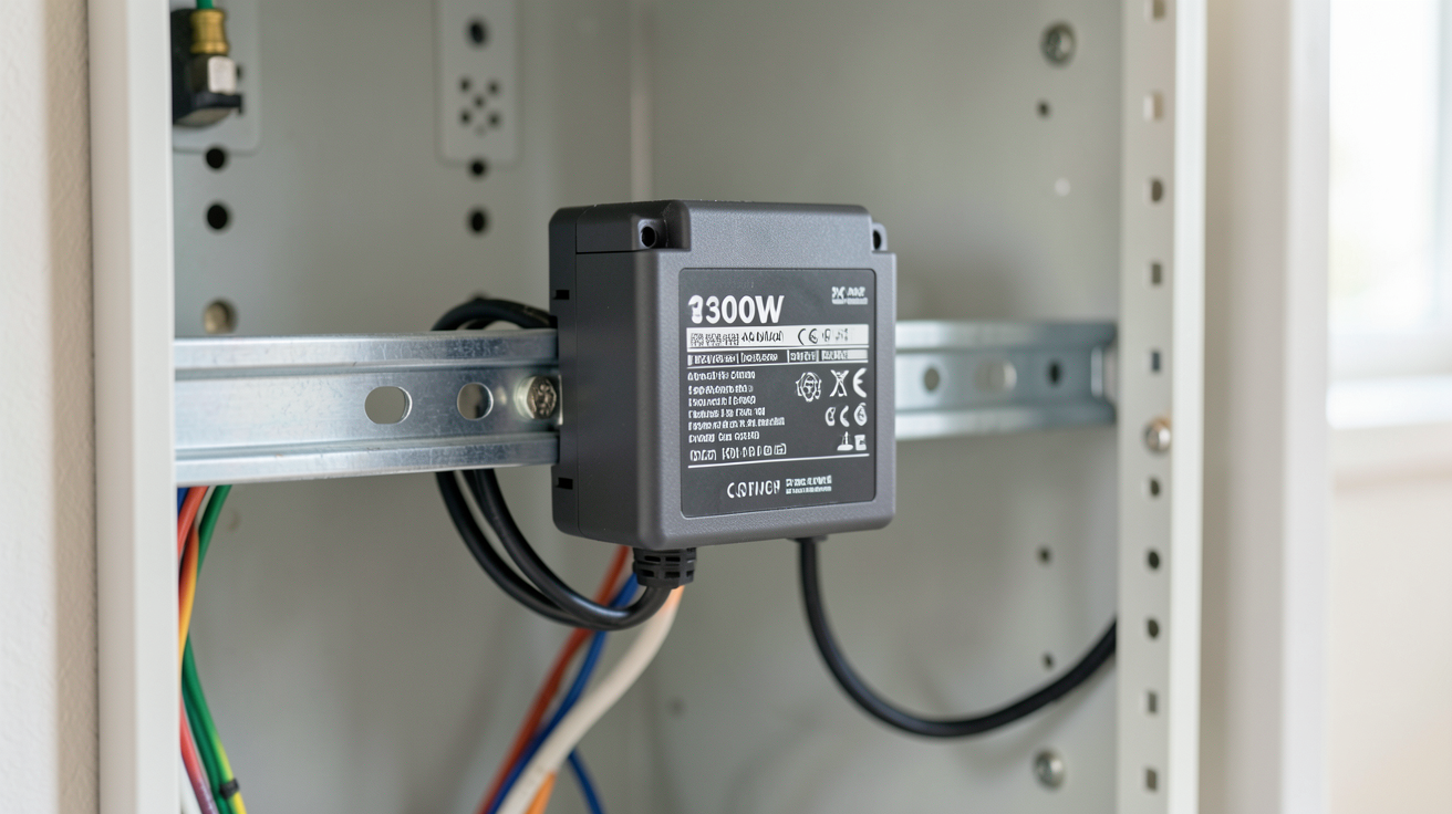 micro onduleur 300w installé sur un rail DIN dans un coffret électrique avec câbles connectés