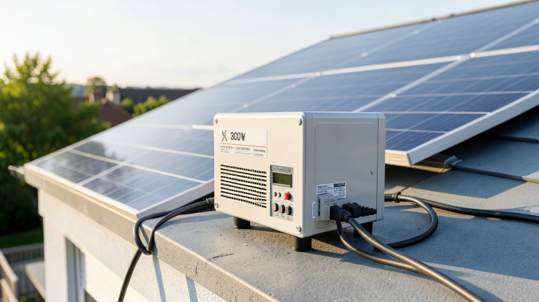 micro onduleur 300w installé sur un toit avec un panneau solaire en arrière-plan
