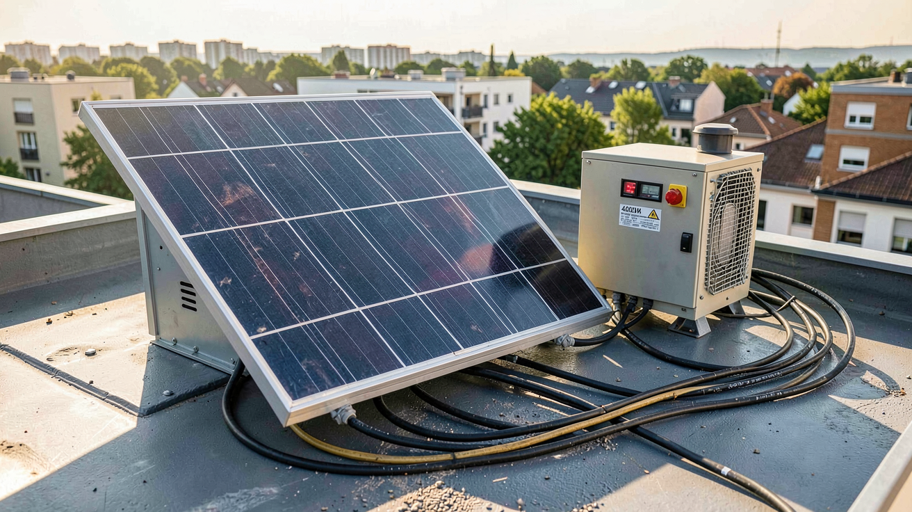 micro onduleur 400w installé sur un toit à côté d'un onduleur central traditionnel