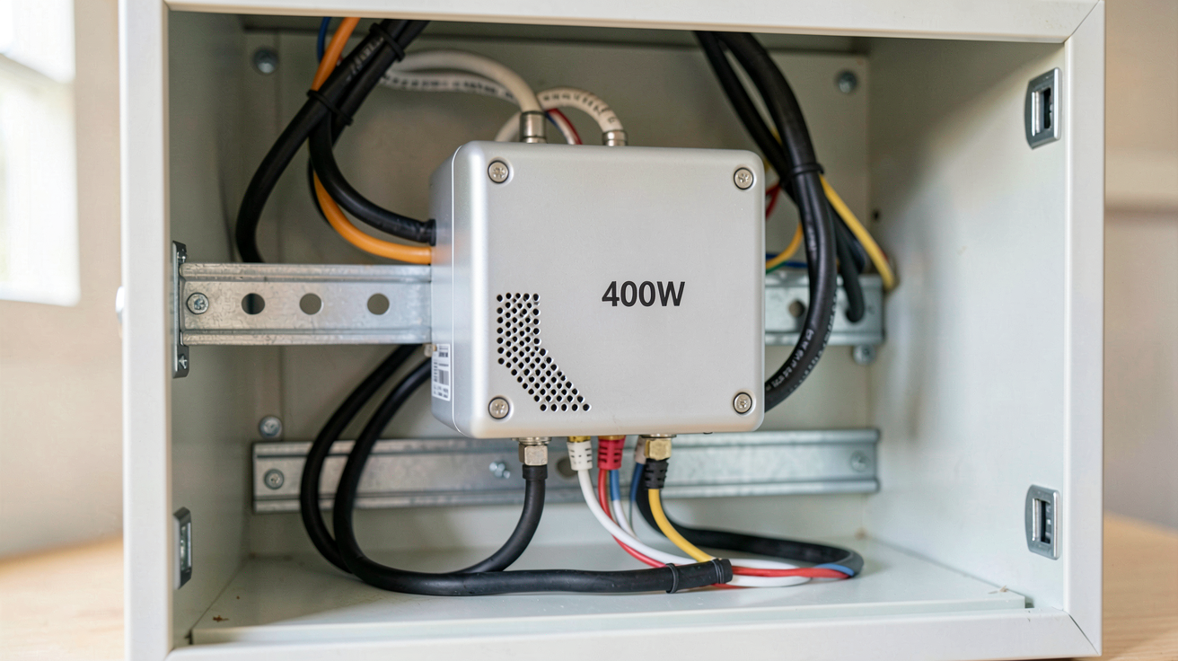 micro onduleur 400w installé sur un rail DIN dans un coffret électrique avec câbles connectés