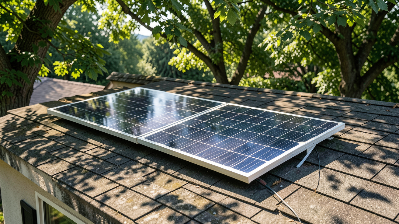 micro-onduleur installé sur un toit résidentiel partiellement ombragé par des arbres