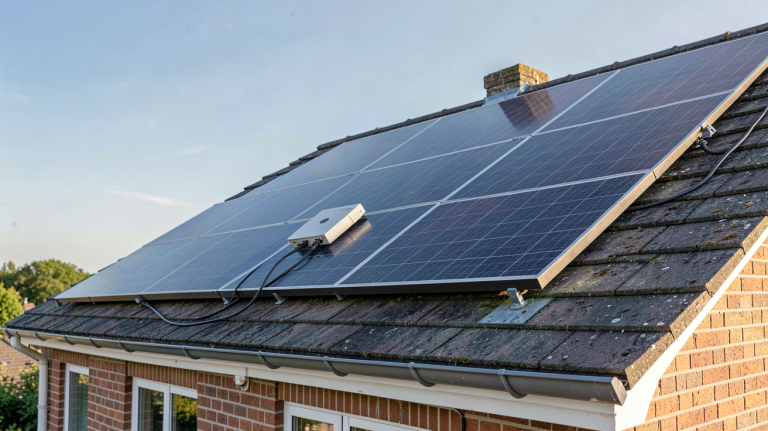 micro onduleur ou onduleur centralisé connecté à des panneaux solaires sur un toit de maison