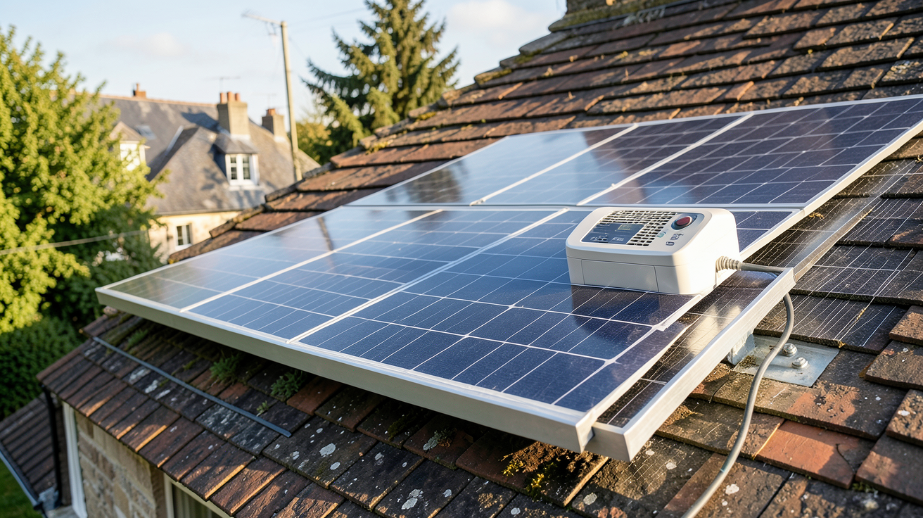 micro-onduleur installé sur un panneau photovoltaïque en toiture d'une maison française