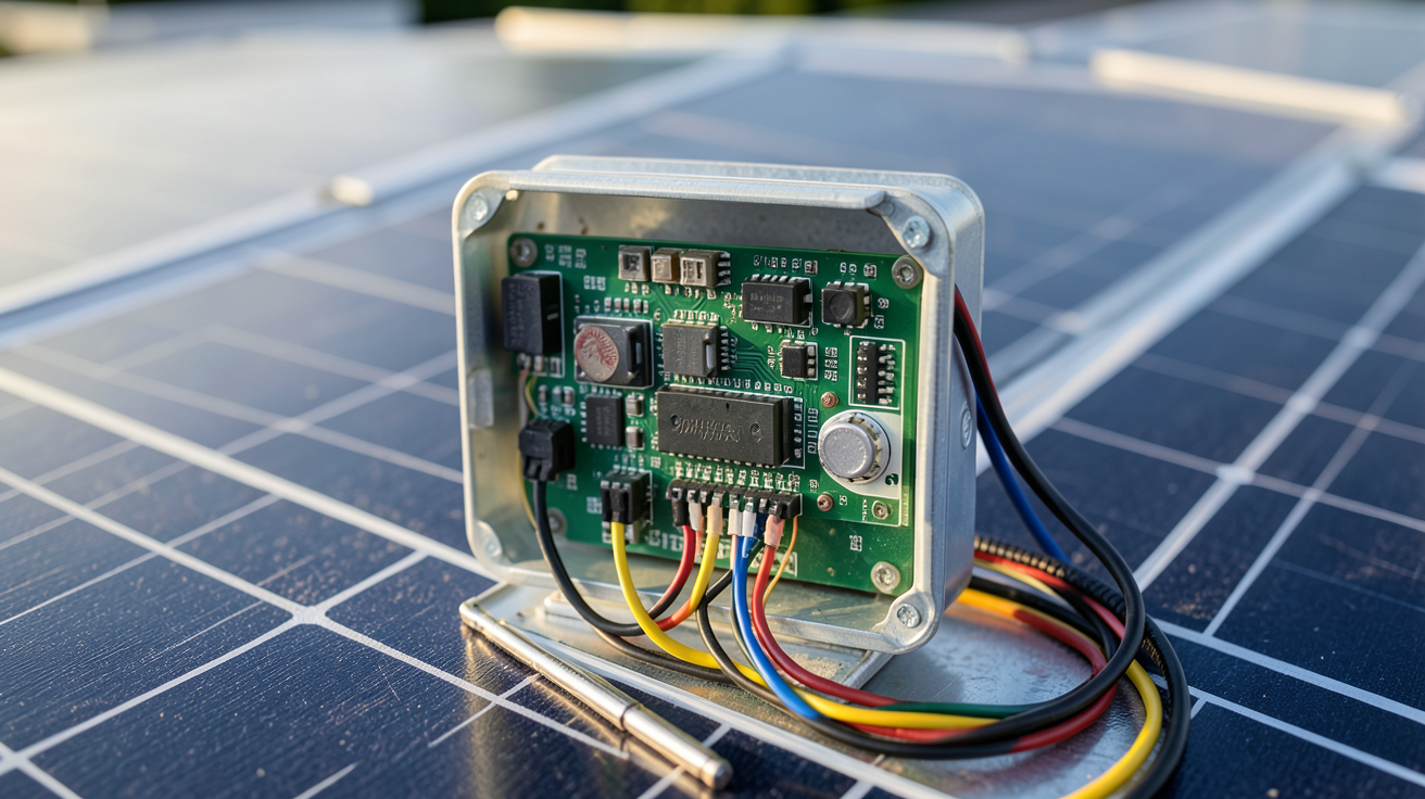 micro onduleur installé sur un panneau photovoltaïque avec vue détaillée des connexions électriques