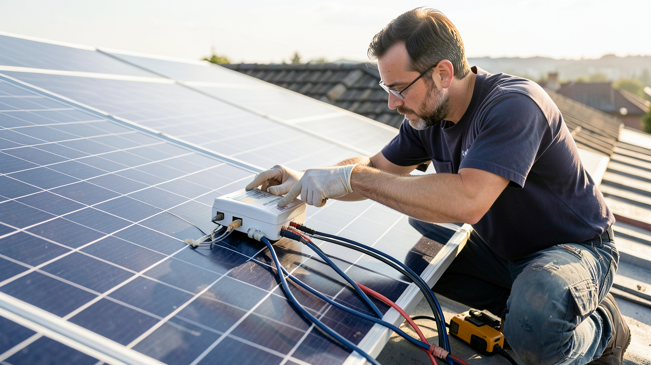 micro onduleur installé sur un panneau photovoltaïque en cours d'installation par un technicien