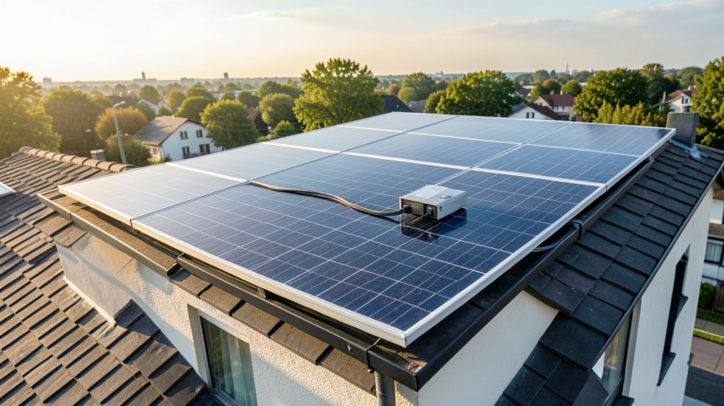 micro onduleur installé sur un panneau photovoltaïque fixé sur le toit d'une maison résidentielle