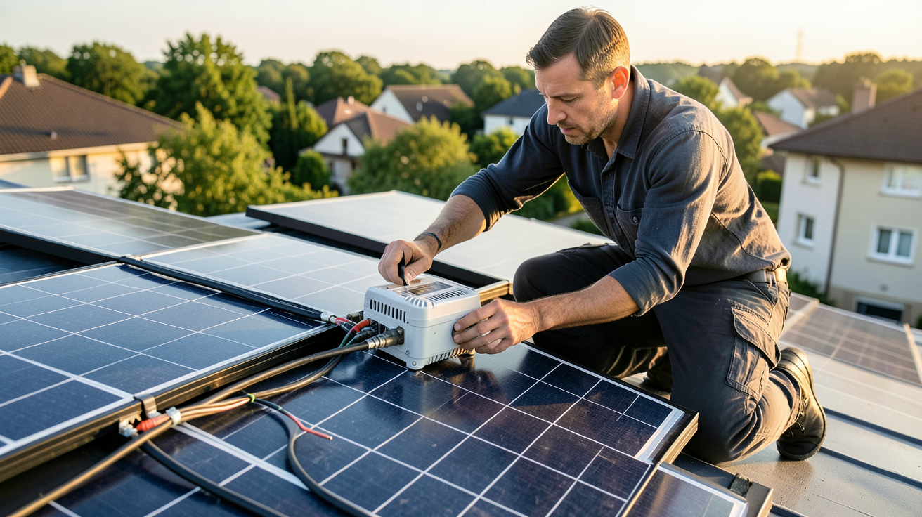 micro onduleur installé sur un panneau solaire en toiture lors des étapes d'installation