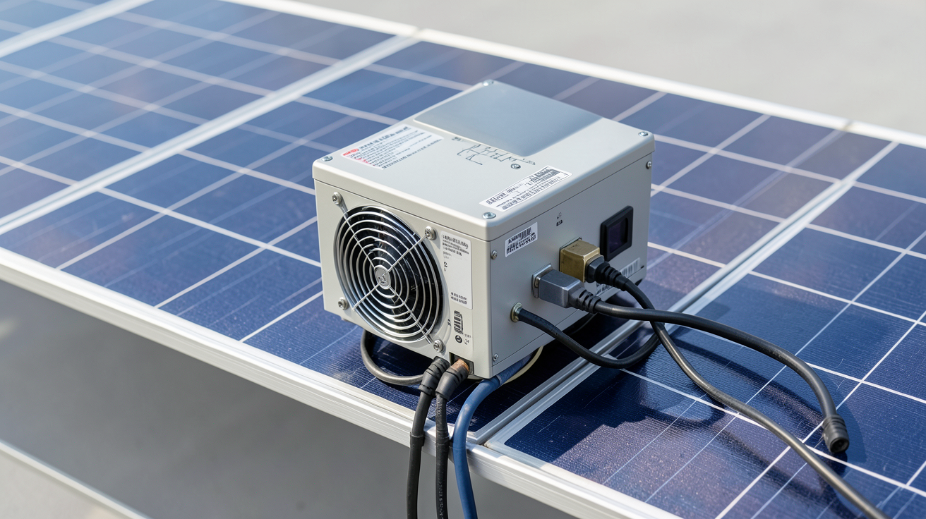 micro onduleur photovoltaïque installé sur un panneau solaire avec câbles connectés