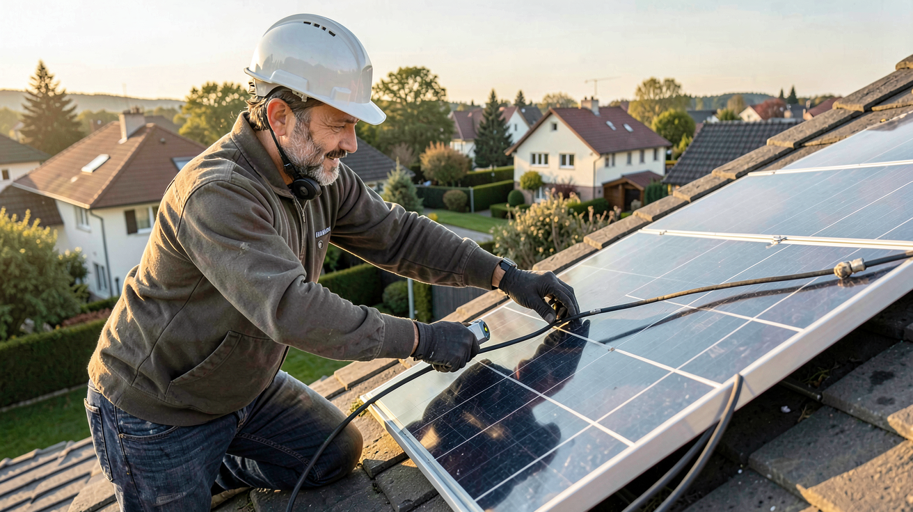 micro onduleur photovoltaïque en cours d'installation sur un toit de maison par un technicien