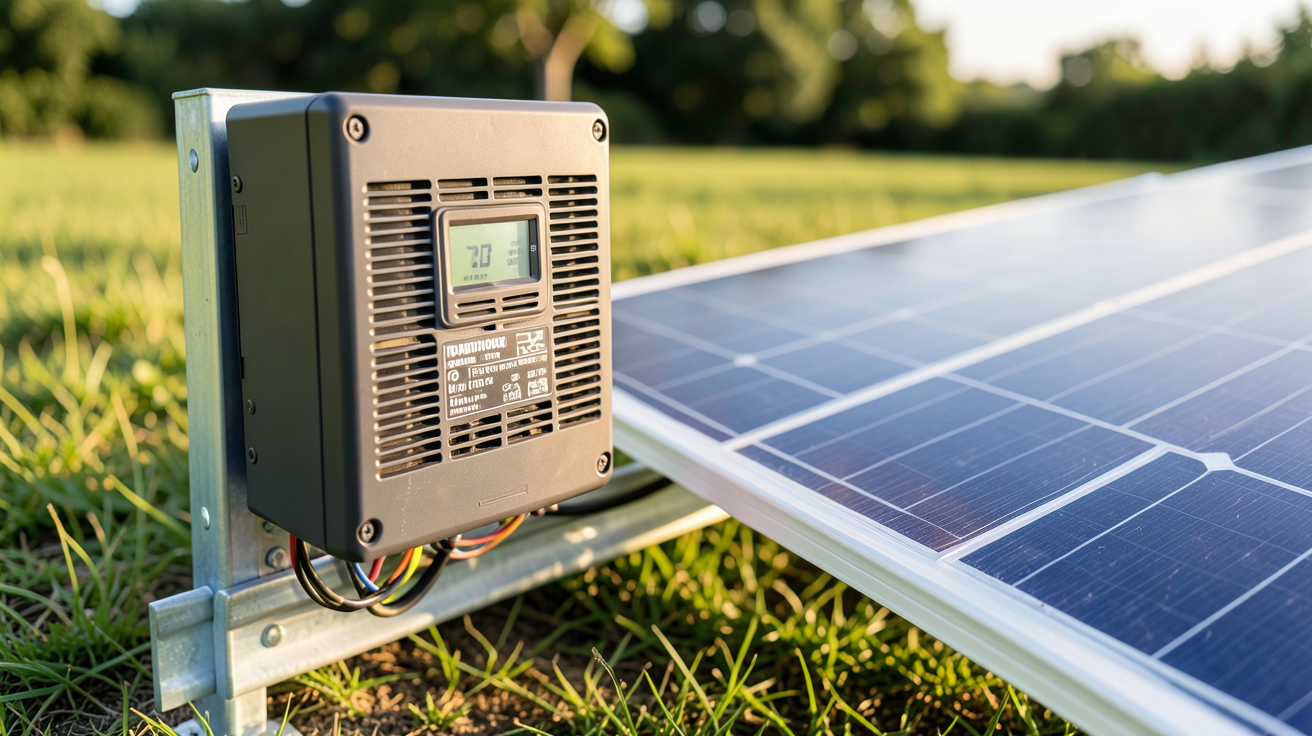 micro onduleur photovoltaïque installé sur un rail de montage à côté d'un panneau solaire