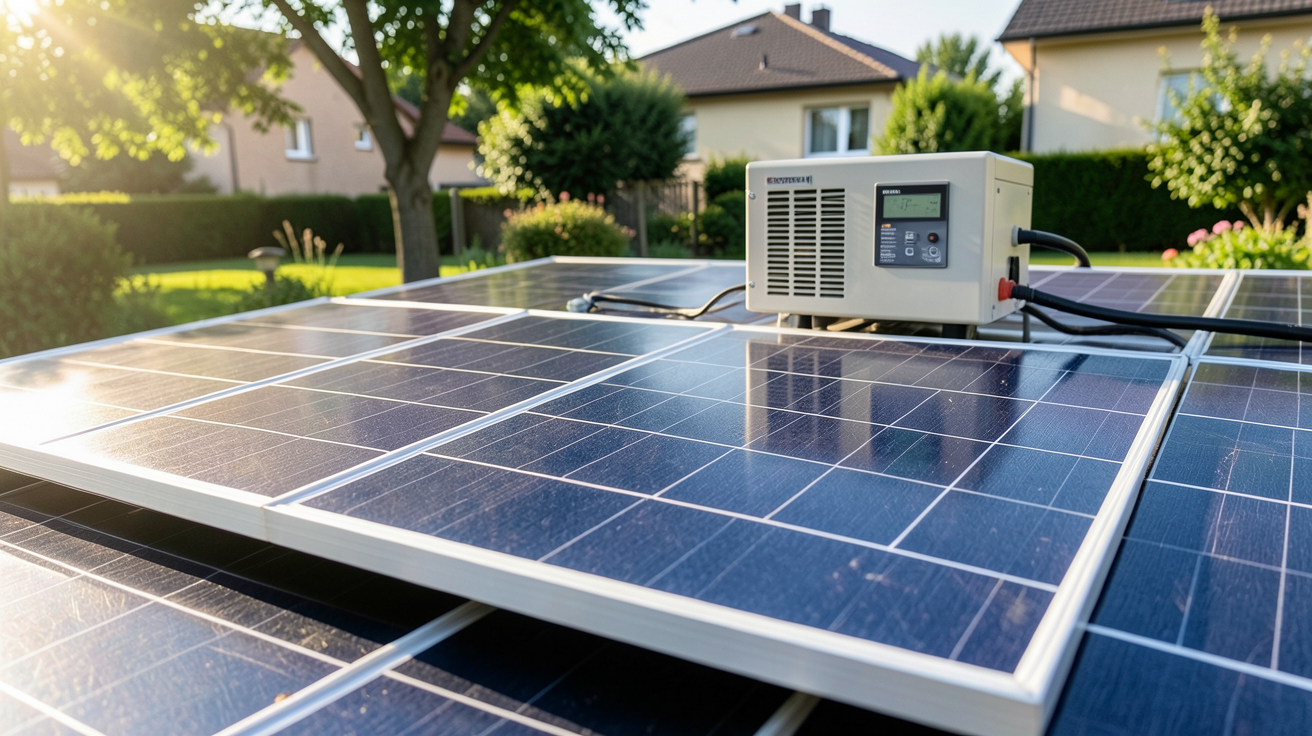 micro onduleur photovoltaïque installé sur un panneau solaire avec onduleur central en arrière-plan