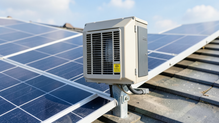 micro onduleur pour panneau solaire installé sur une toiture résidentielle sous un panneau photovoltaïque