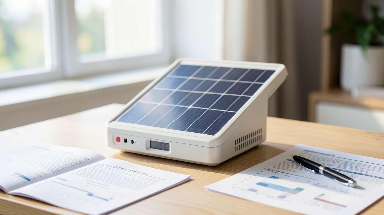 micro onduleur prix affiché sur un produit solaire posé sur une table avec des documents financiers