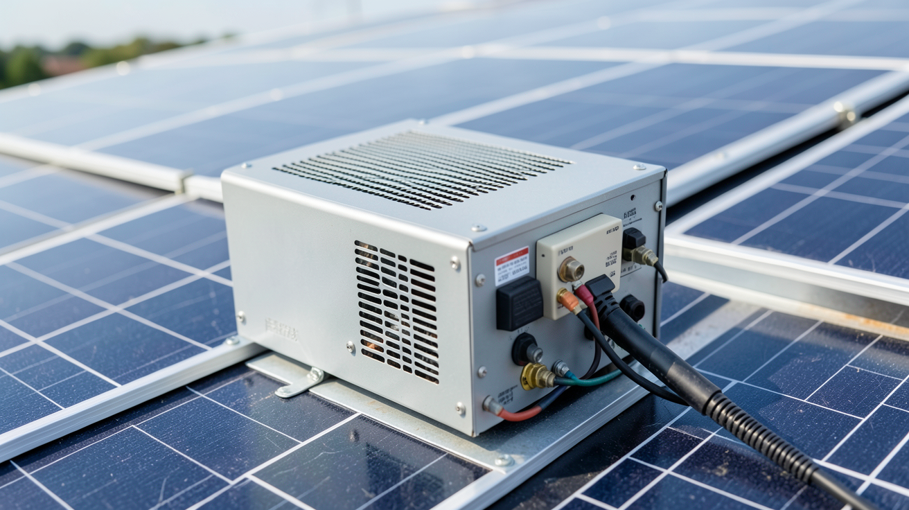 micro onduleur solaire installé sur un toit photovoltaïque, en gros plan montrant son boîtier et ses connecteurs