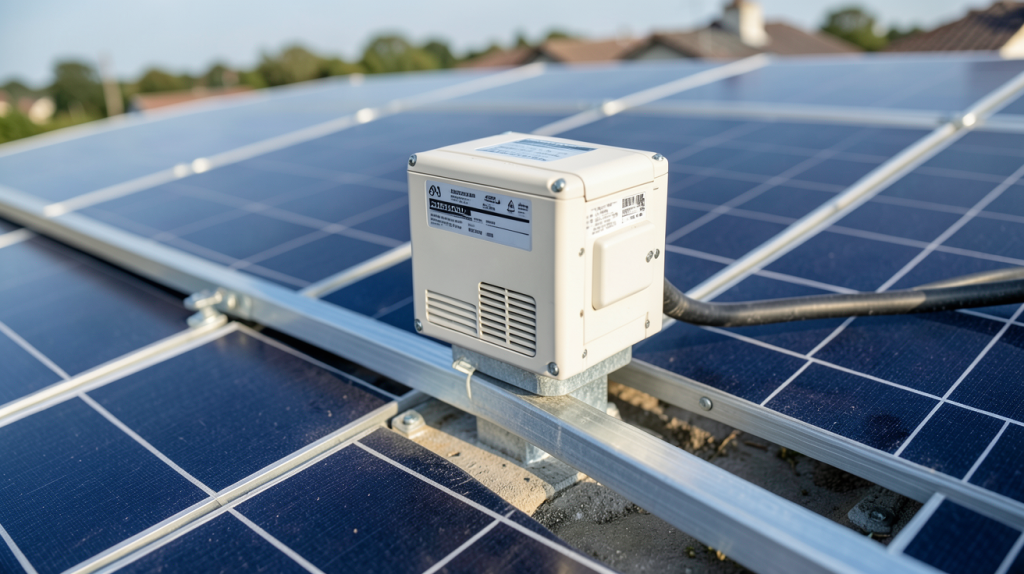 micro onduleur solaire installé sous un panneau photovoltaïque sur un toit