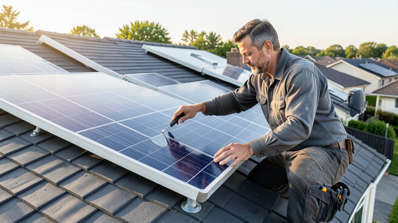 micro onduleur solaire prix : installation d'un micro-onduleur sur un toit par un technicien