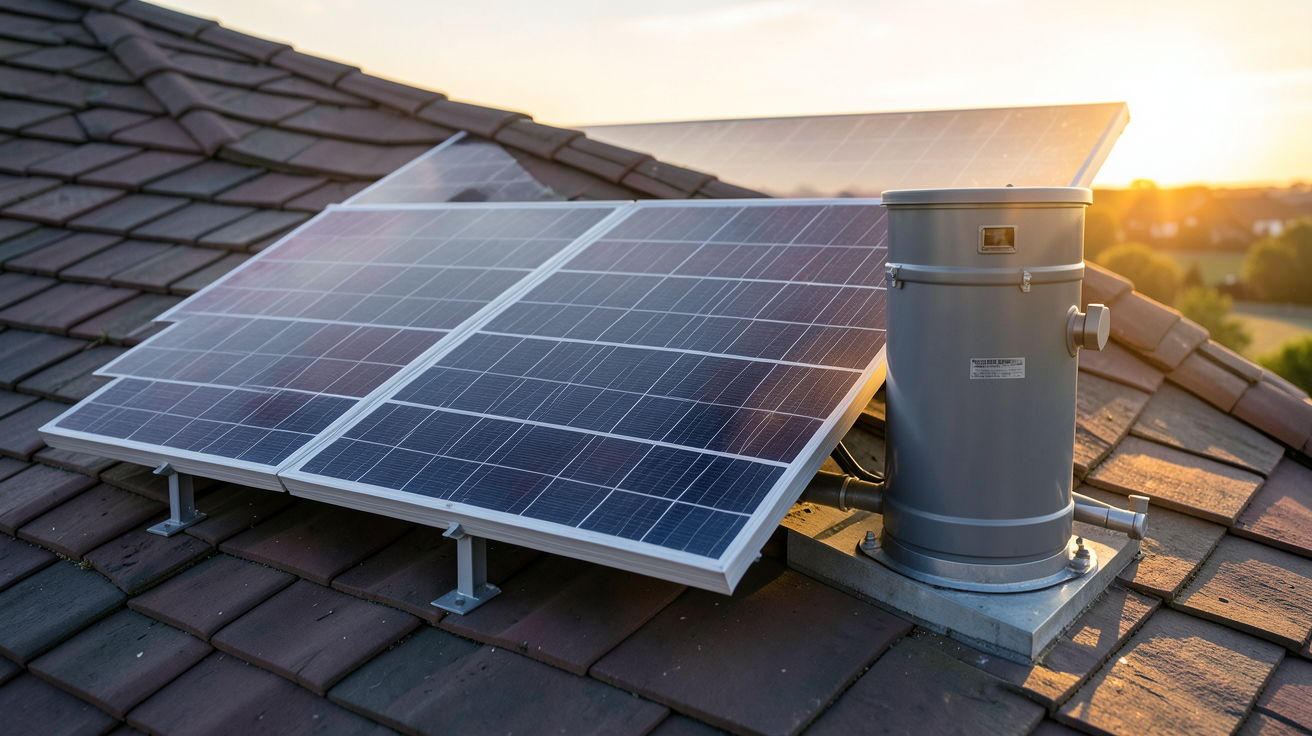 mini chauffage solaire installé sur un toit incliné avec panneaux thermiques et ballon de stockage