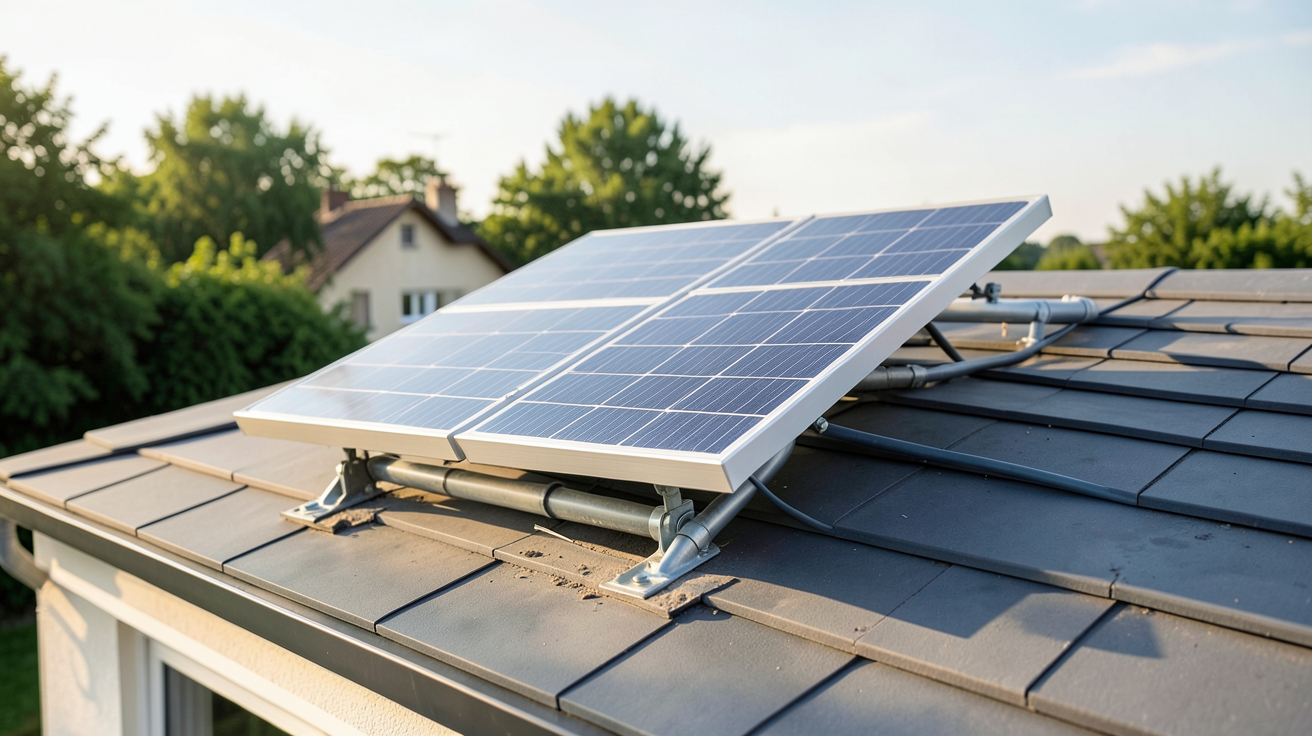 mini chauffage solaire en cours d'installation sur un toit de maison individuelle