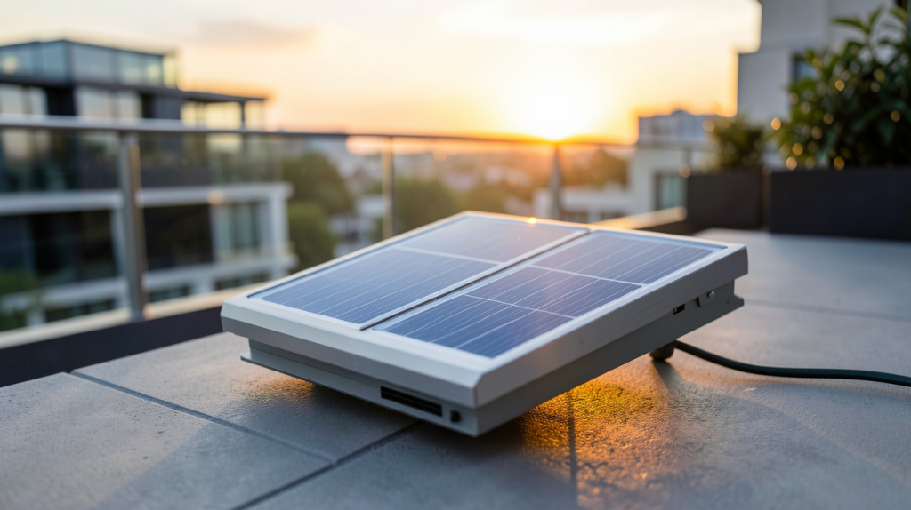 mini chauffage solaire compact installé sur une terrasse urbaine en fin de journée