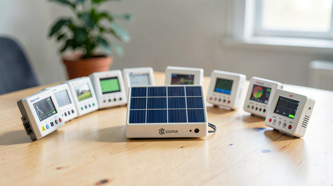 mini onduleur panneau solaire avec plusieurs modèles de marques différentes disposés sur une table en bois pour un comparatif 2025