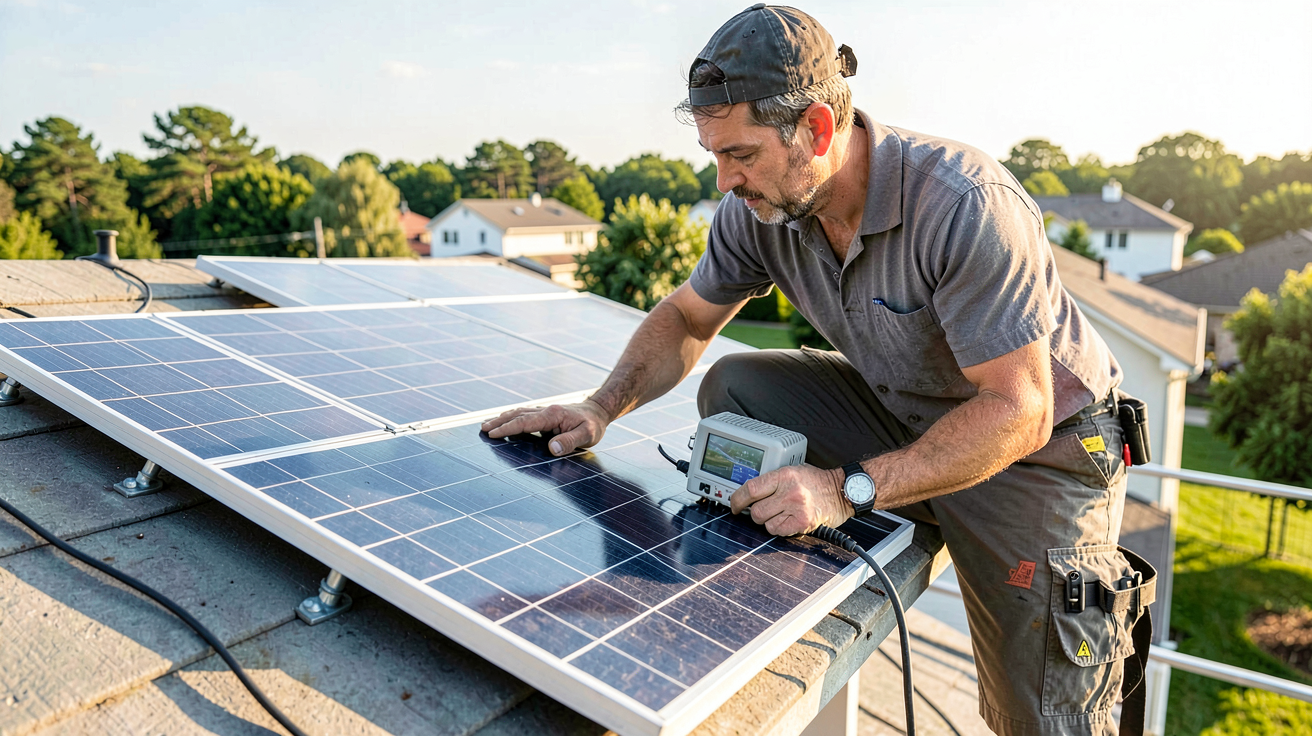 mini onduleur panneau solaire lors d'une installation pas à pas sur un toit résidentiel