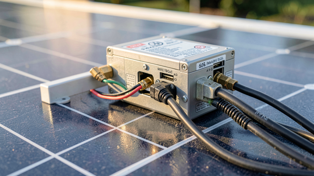 mini onduleur panneau solaire : micro-onduleur installé sur un panneau photovoltaïque, montrant les connexions et le boîtier compact