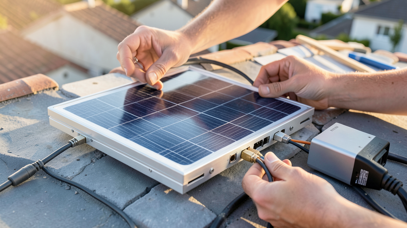 mini panneau photovoltaïque en cours d'installation sur un toit avec fixation, câblage et régulateur de charge