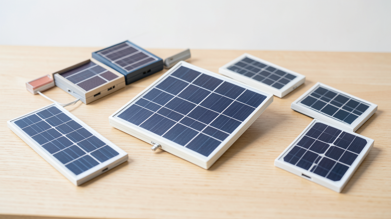 mini panneau photovoltaïque parmi plusieurs modèles présentés sur une table en bois pour un tableau comparatif
