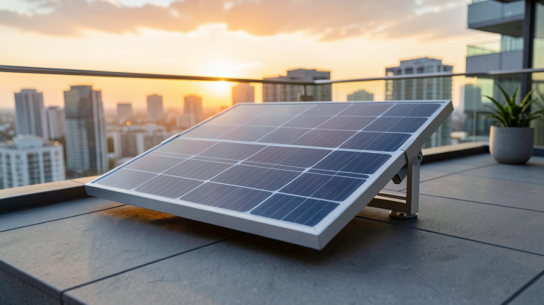 mini panneau photovoltaïque installé sur une terrasse urbaine moderne